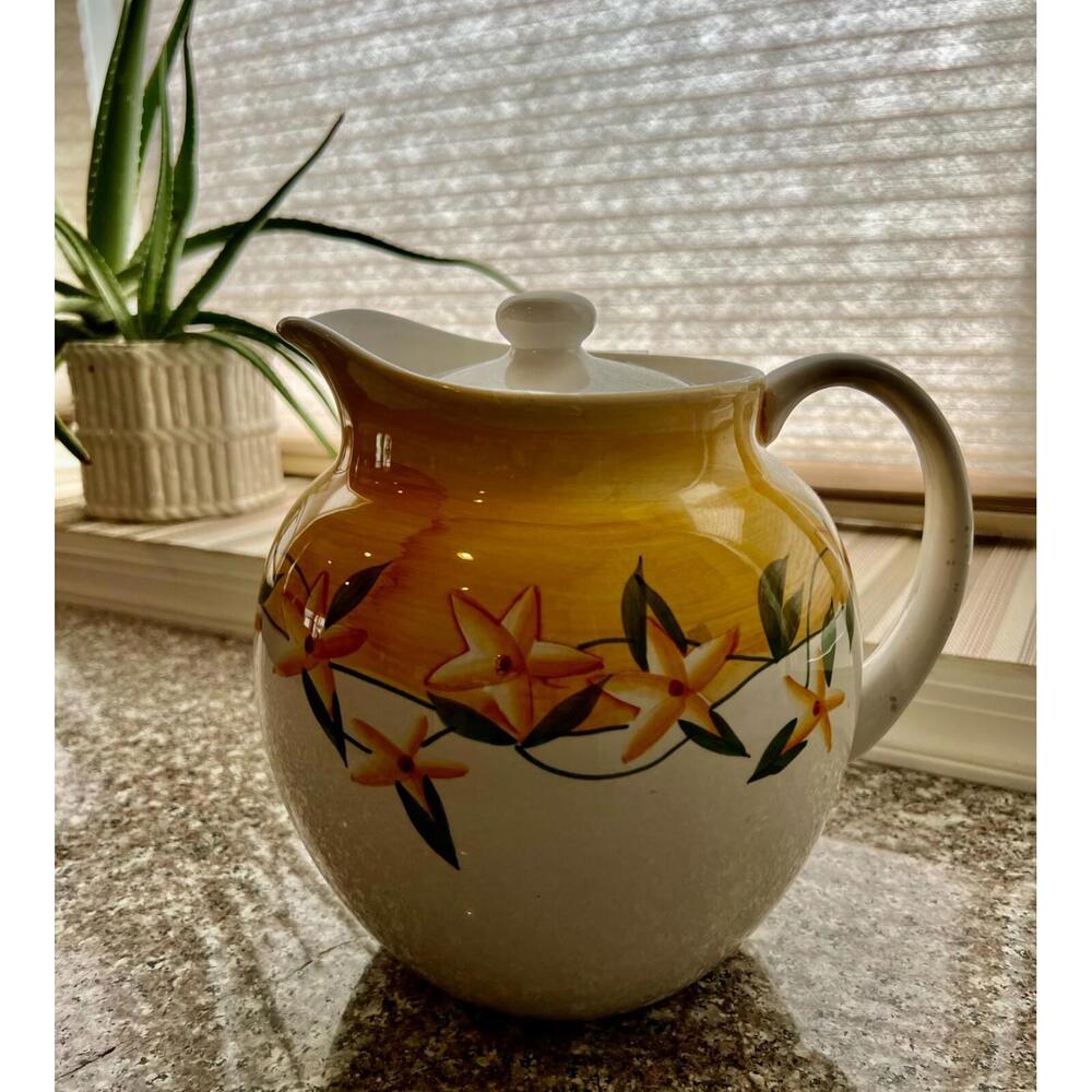 Vtg Ceramic Floral Pitcher with Lid Yellow & Orange Flower Design – Cottagecore